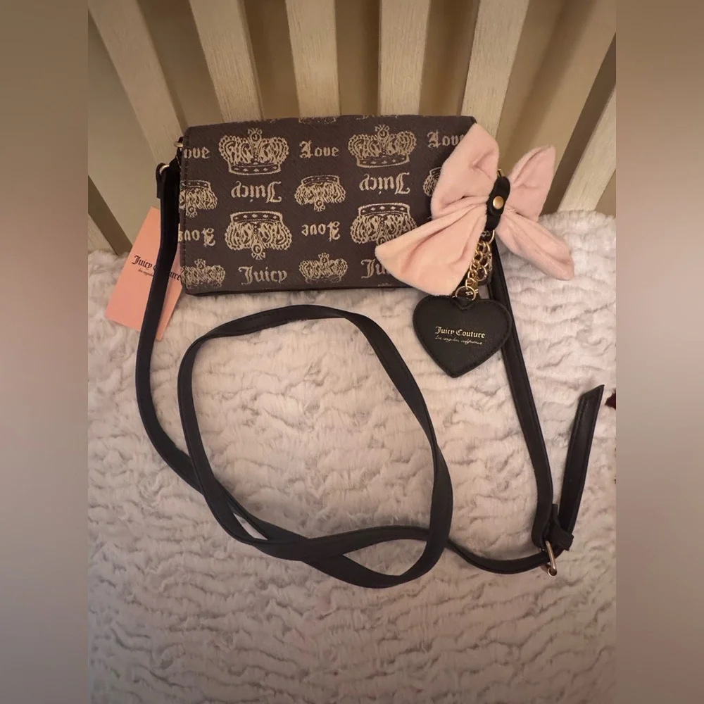 Juicy Couture Brown Logo Crossbody with Pink Bow and Heart Charm
